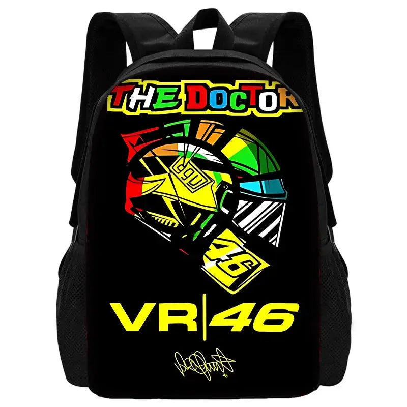 Black school backpack with colorful The Doctor VR46 helmet graphic and yellow VR46 text