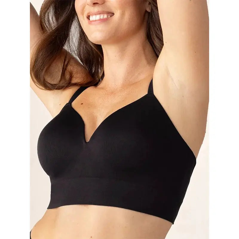 Women's plus-size black wireless bra with fixed cups and seamless underband for comfortable support.