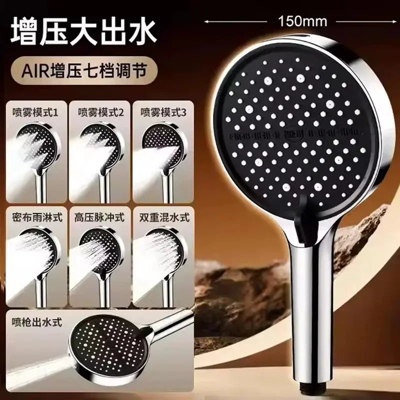 Black 15cm shower head with 150mm panel, 4 spray modes, high-pressure, large-flow massage bathroom accessory