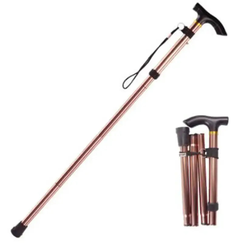 Telescopic copper-colored walking stick set; four aluminum alloy folding trekking poles with ergonomic handles