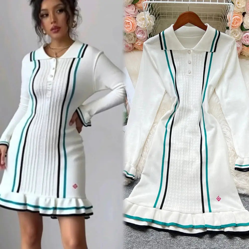 YuooMuoo Knitted Mini Dress Turn Down Collar Ruffled Party Wear