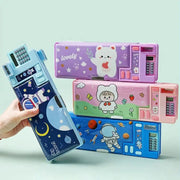 Plastic pencil case with built-in calculator and sharpener; 4 colorful double-sided designs