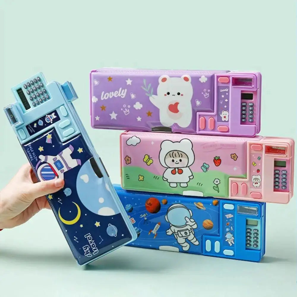 Plastic pencil case with built-in calculator and sharpener; 4 colorful double-sided designs