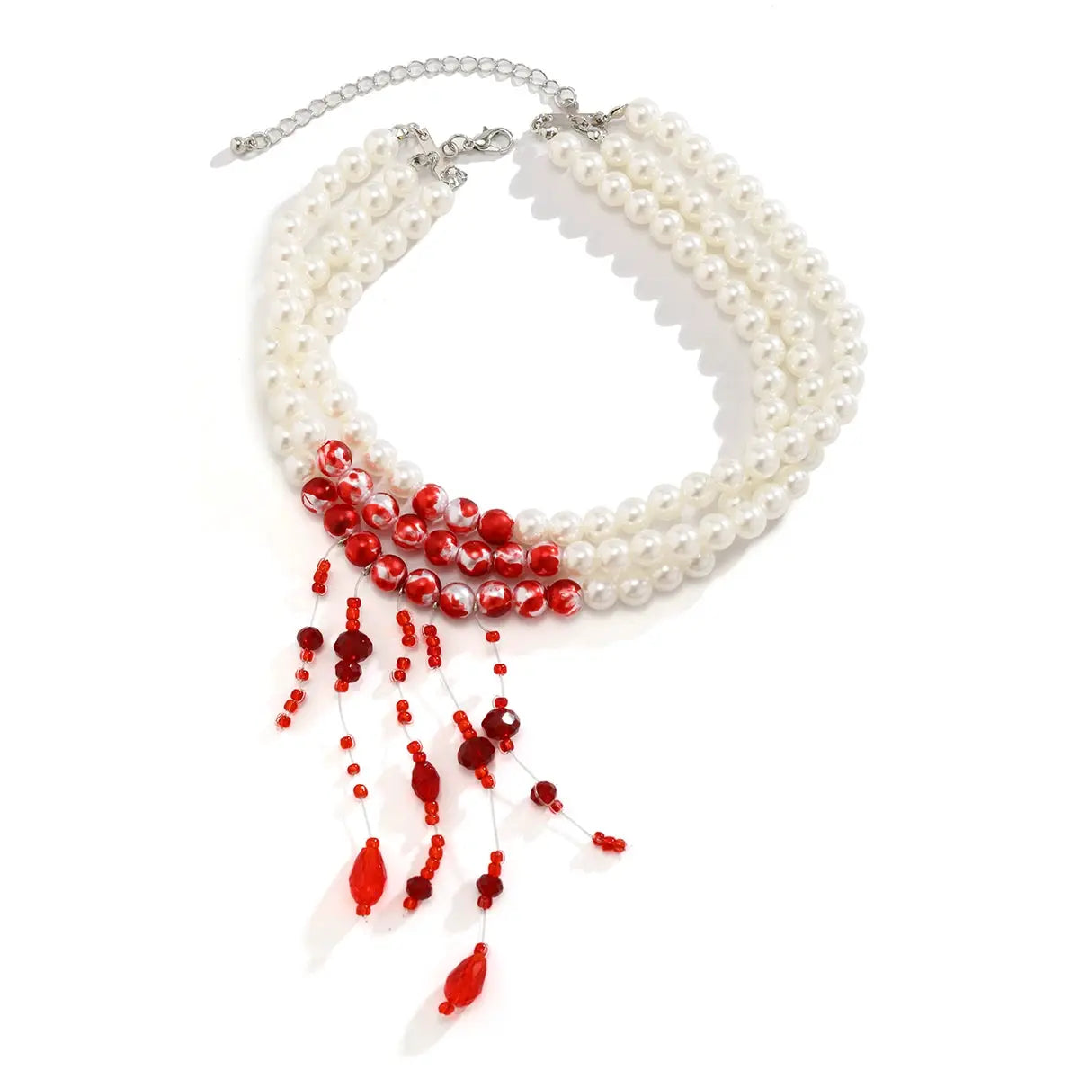 Multilayer pearl tassel necklace with red beaded fringe, white pearls, Simples Market