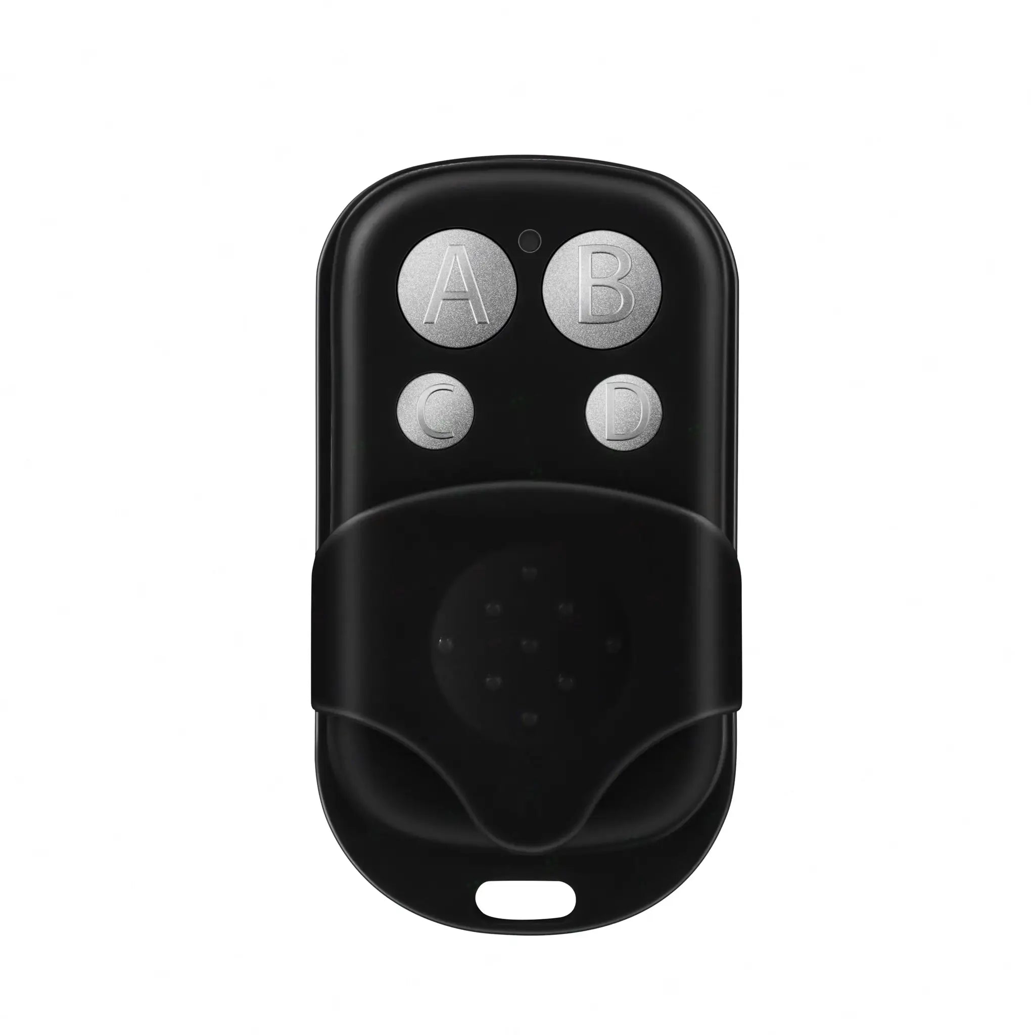 Universal garage door opener remote, black plastic with silver circular buttons labeled A, B, C, D