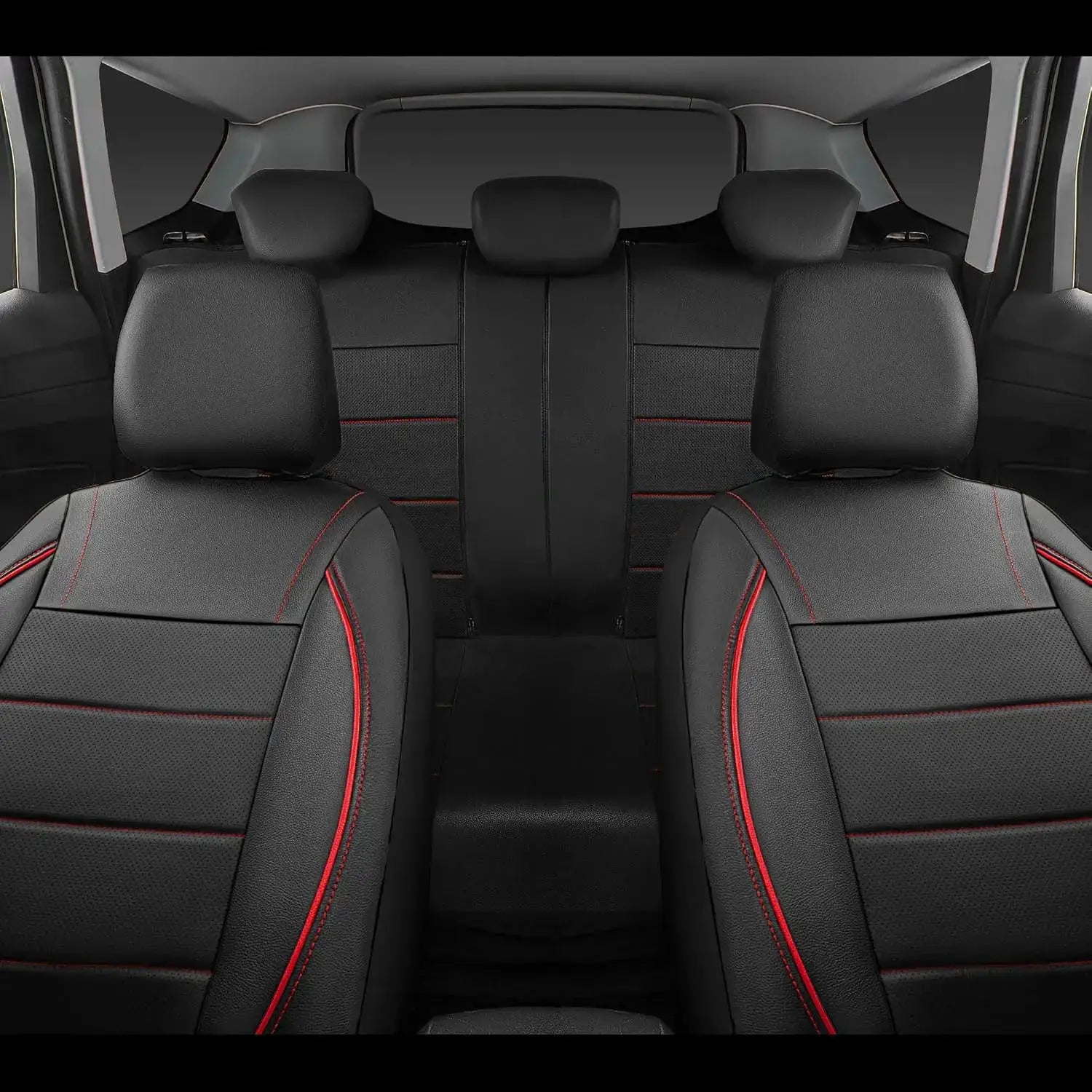 Universal leather car seat covers for 5-seat vehicle, black with red stitching
