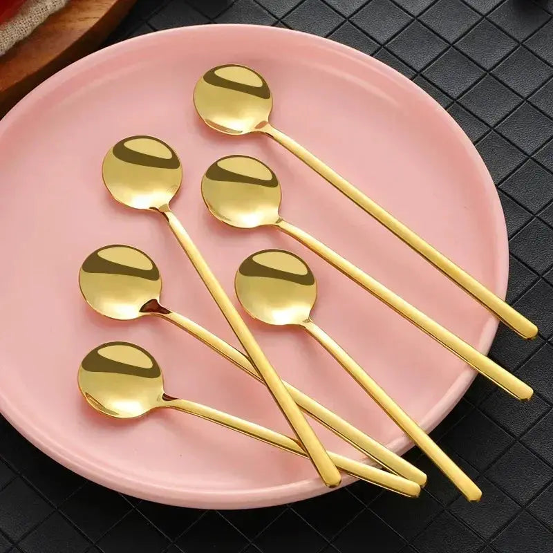Cute Long Handle Stainless Steel Gold Finish Coffee Dessert Ice Cream Spoons Kitchen Tableware Set for Wedding