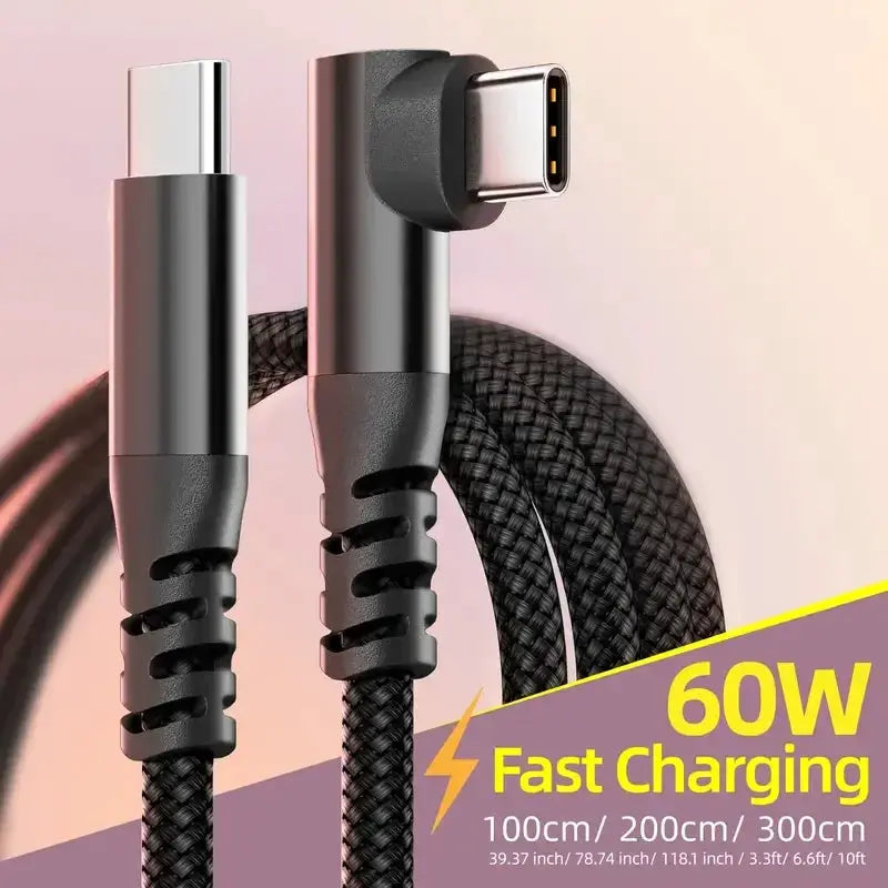 LAIHONEN USB-C cable by Simples Market; braided black, right-angle connector, 60W PD fast charging; 1m/2m/3m/10ft