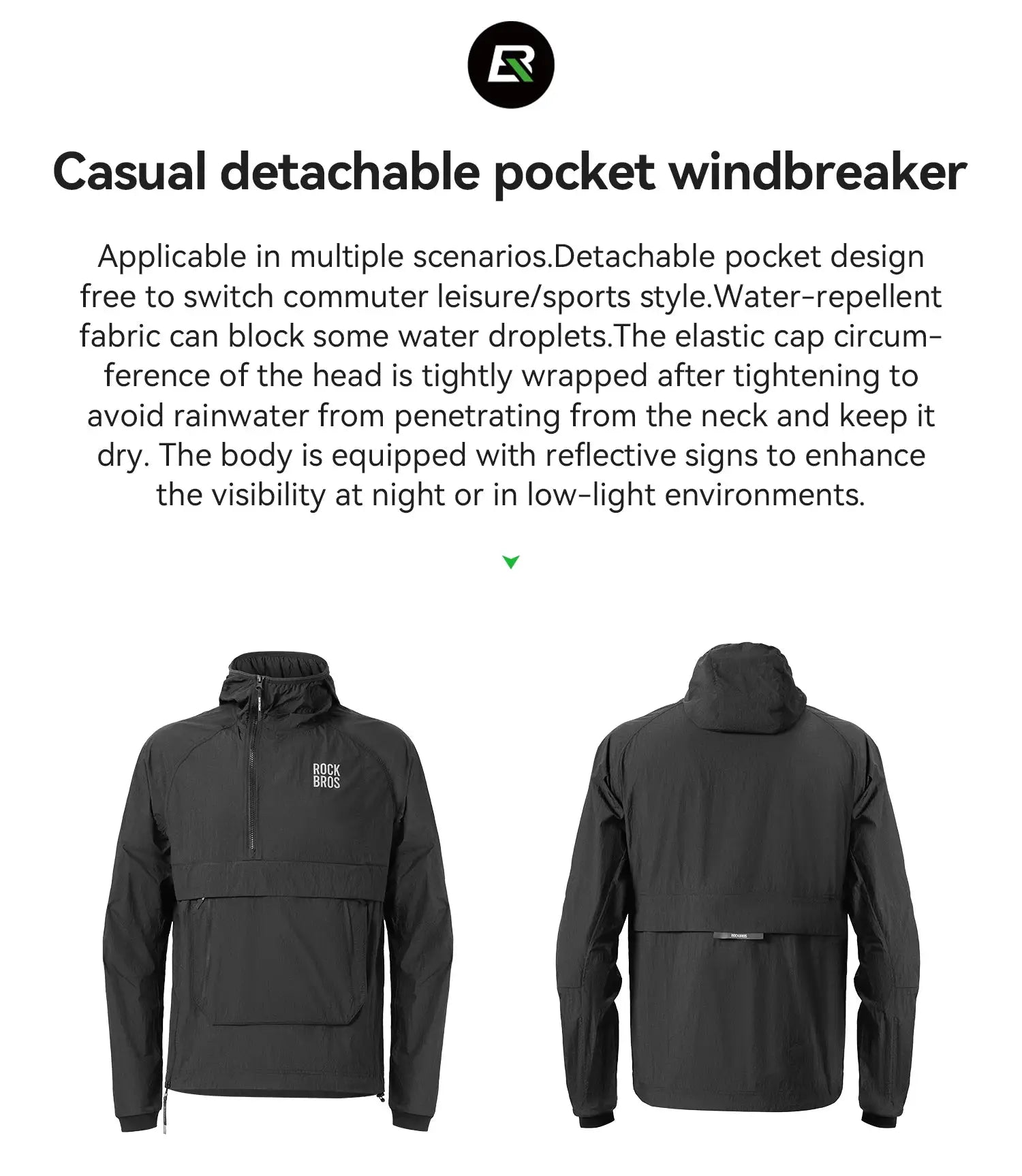 ROCKBROS cycling waterproof windbreaker jacket, black with detachable pocket, breathable outdoor wear (2 views)