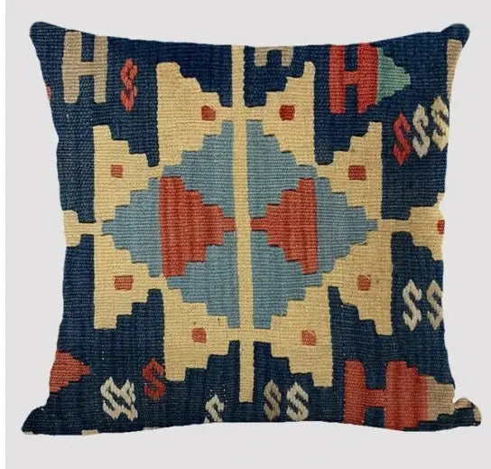Bohemian patterned linen cushion cover with multicolor geometric motifs for living room sofa decor
