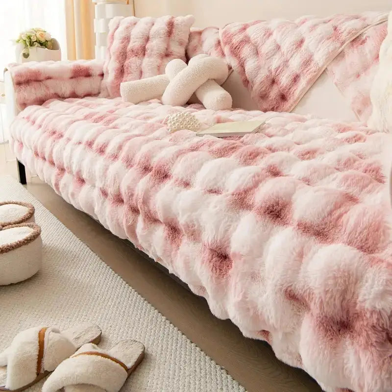Thicken Imitation Rabbit Fur Plush Sofa Slipcover in pink faux fur with non-slip backing by Simples Market