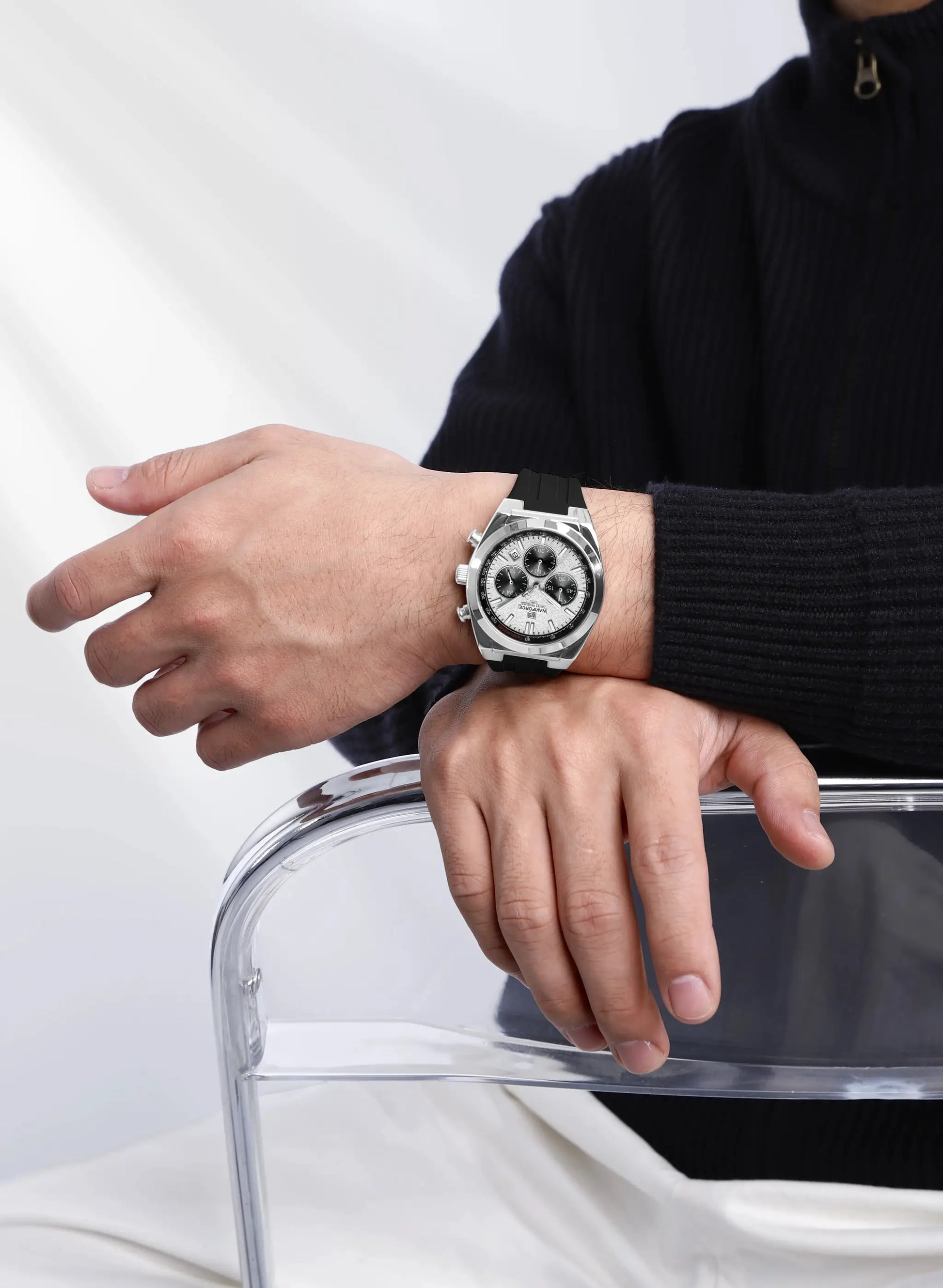 NAVIFORCE 8080 men's fashion chronograph watch with silver case and black strap on wrist