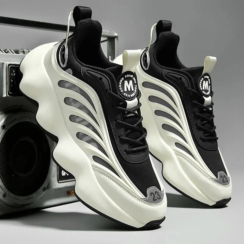 Simples Market men's sneakers pair in black and white with chunky sole and side panels