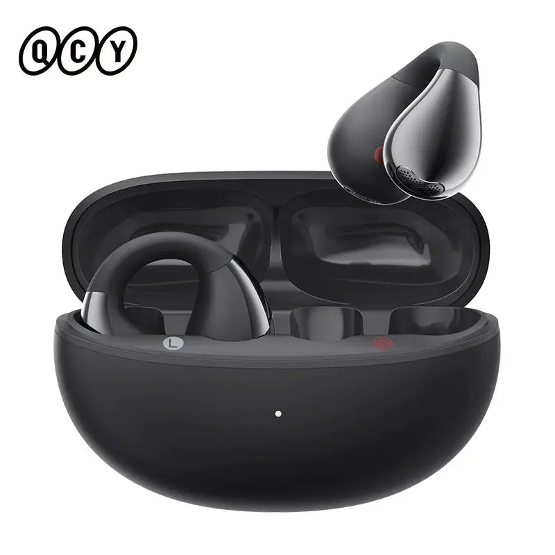 QCY Crossky C30 ear clip open-ear wireless earbuds in black with charging case