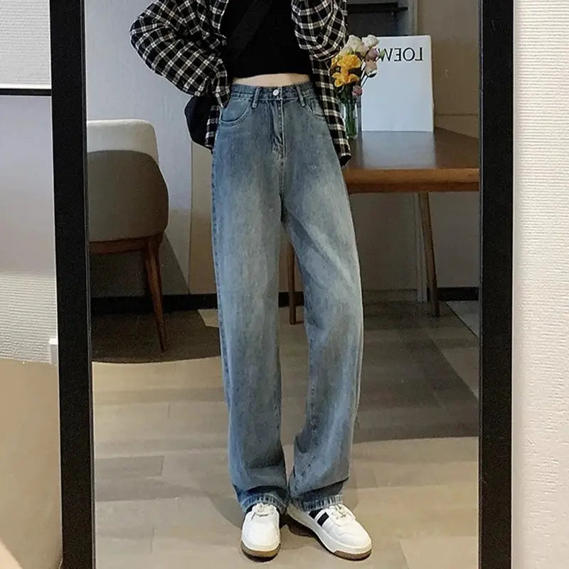 Womens Vintage Wide Leg Jeans High Waist Denim Pants Black Grey Blue