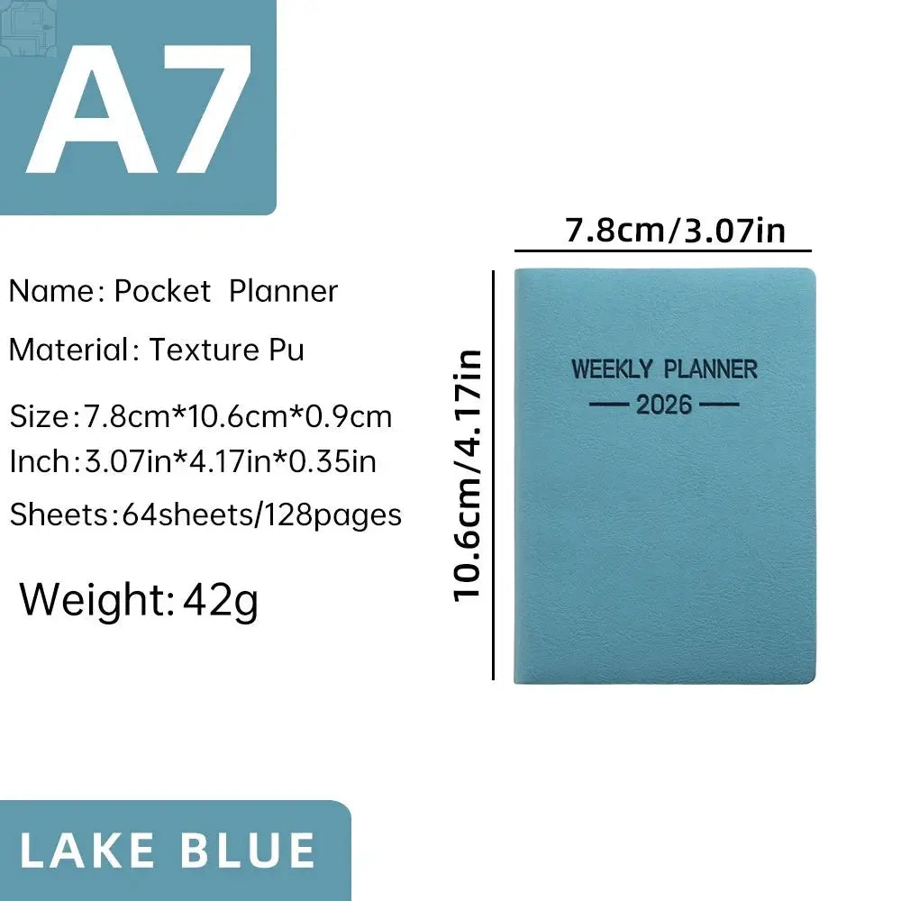 A7 pocket weekly planner 2026 in lake blue PU cover, Simples Market, 64 sheets/128 pages