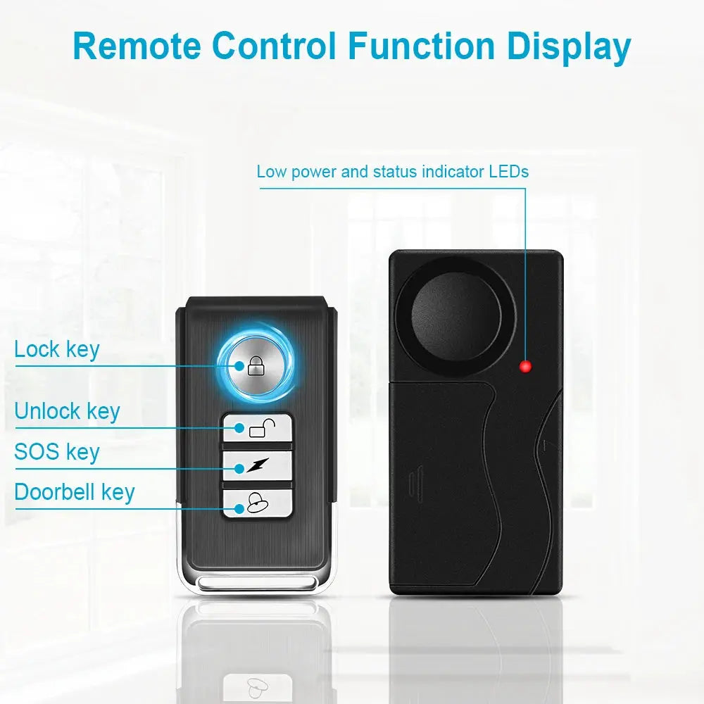 Simples Market wireless alarm system 2-piece: black remote fob with blue glow and 4 buttons; black receiver with red LED