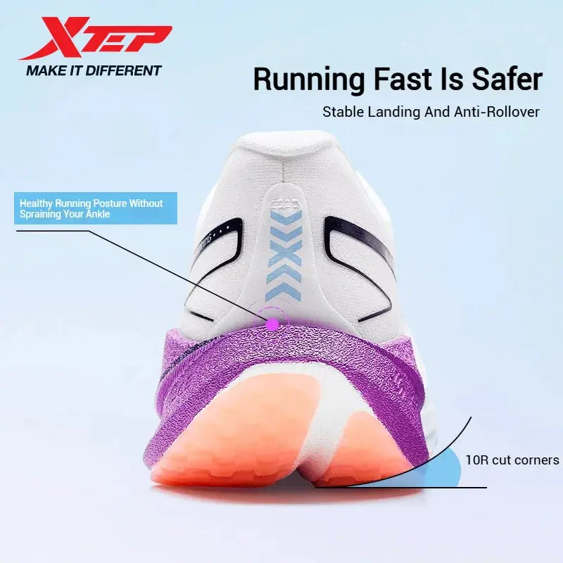Xtep Shyft 1.0 men's running shoes; white upper with purple heel and orange outsole