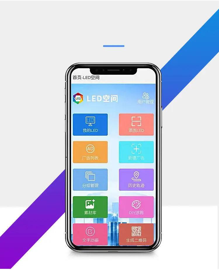 LED Display backpack mockup on a smartphone screen displaying an LED control app interface