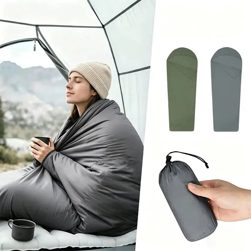 Simples Market ultralight sleeping bag liner, envelope style, gray; shown with green/gray variants and a compact pouch