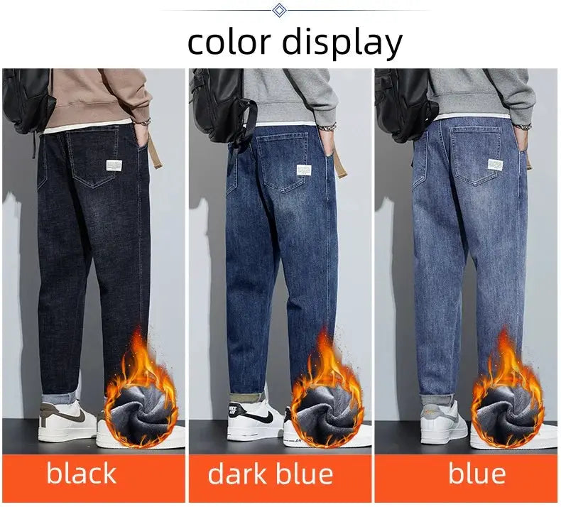 Simples Market men's fleece jeans in 3 colors: black, dark blue, blue; loose straight fit