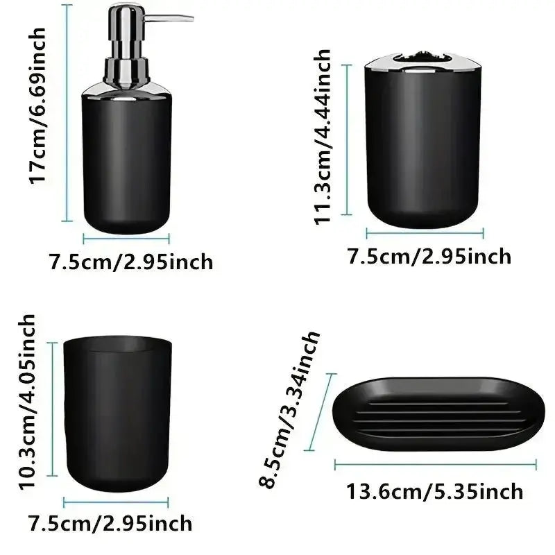 Simples Market 4pc bathroom set in black/gray plastic: toothbrush holder, toothbrush cup, soap dispenser, soap dish