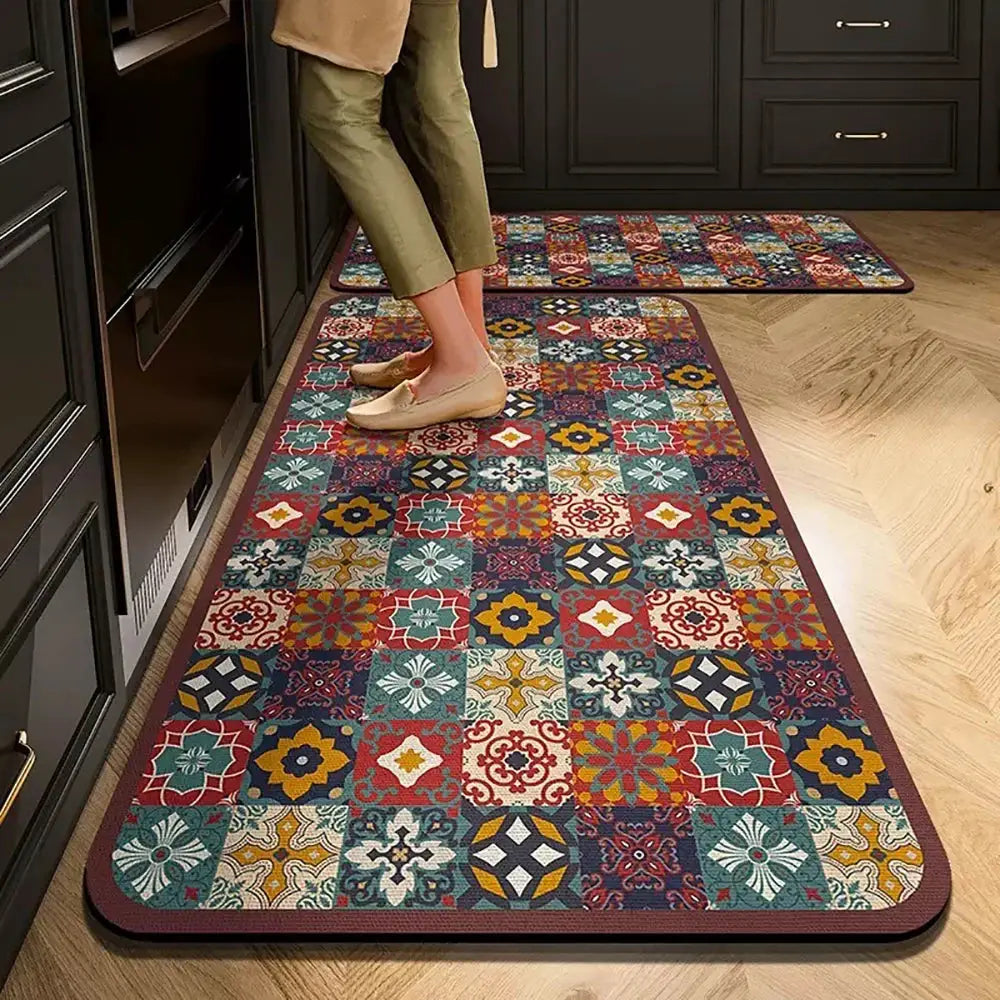 Non-slip kitchen mat by Simples Market, long crystal velvet rug with absorbent, colorful patchwork pattern