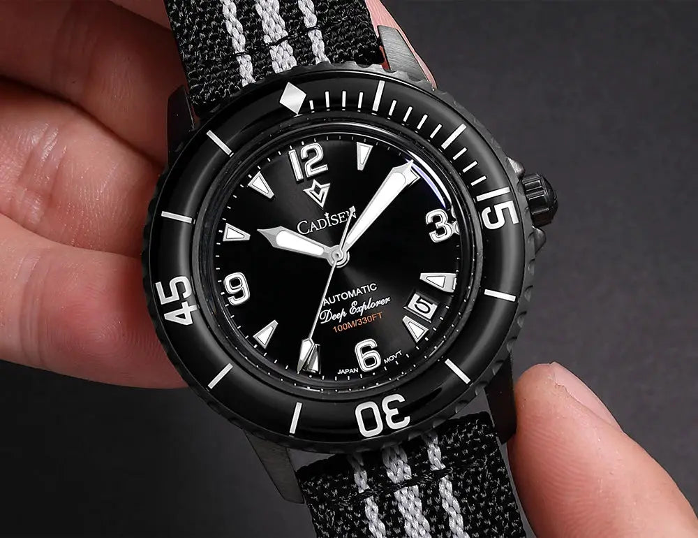 Cadisen Deep Explorer automatic watch on black canvas strap with luminous dial, 100m water resistant