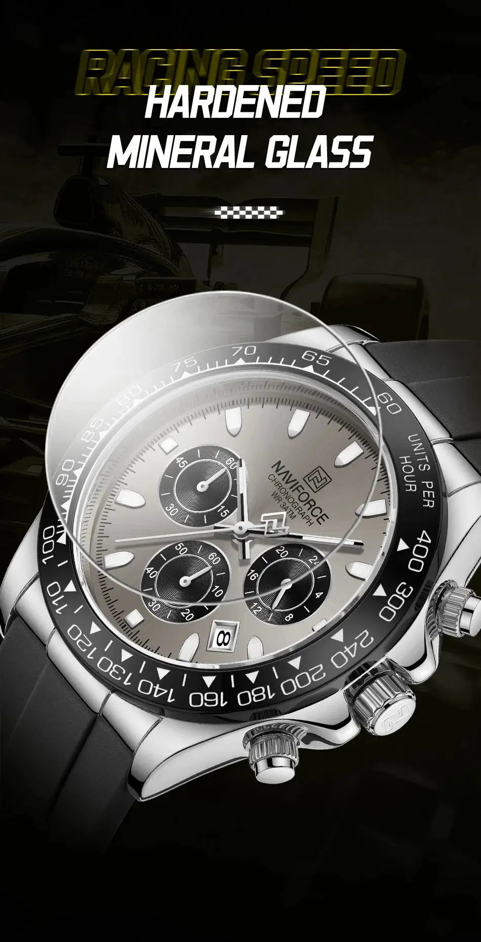 NAVIFORCE men's chronograph watch with silicone strap, silver case, waterproof, black tachymeter bezel.