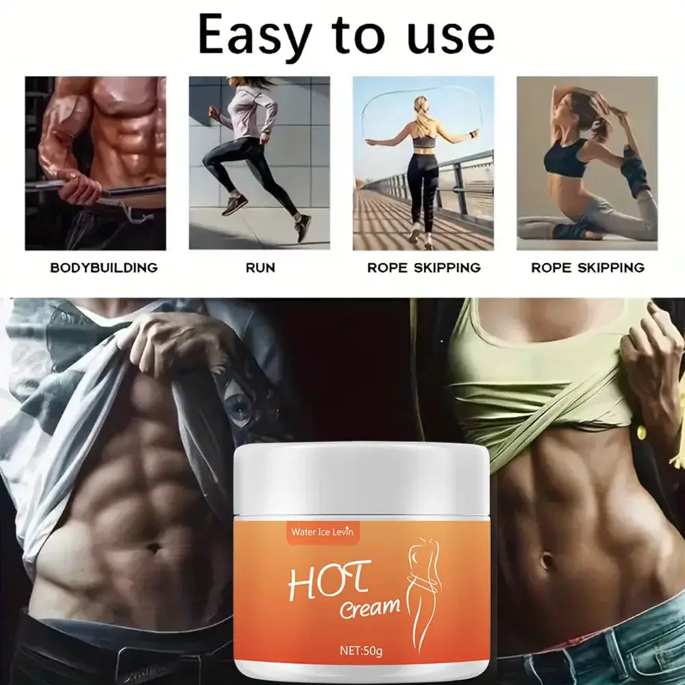 Simples Market Heat massage cream, 50g jar with orange label; four fitness icons above