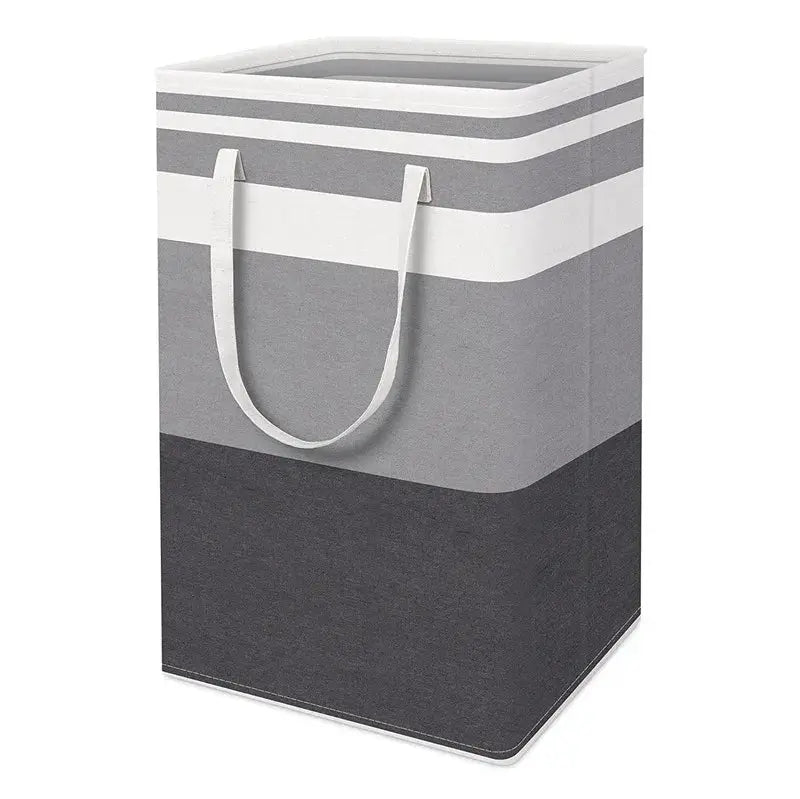 Laundry basket by Simples Market, waterproof fabric with striped grey and white design and white handles, large-capacity