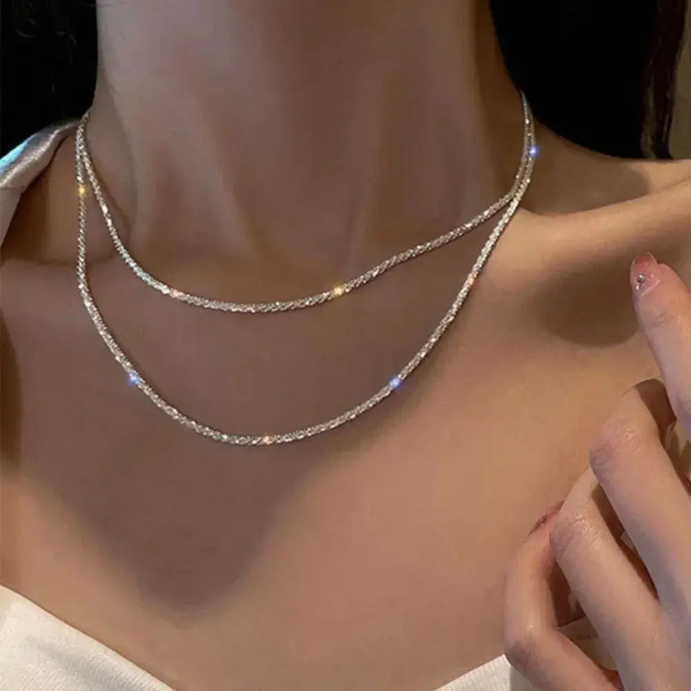 Silver Sparkling Clavicle Chain Necklace for Women and Girls Choker Style Korean Wedding Party Jewelry Accessories