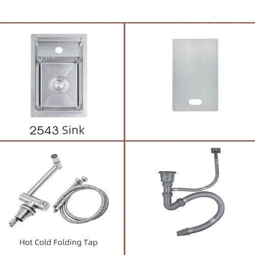 Black kitchen sink set with hidden single-bowl stainless steel sink, small size, includes folding hot/cold tap and drain pipes