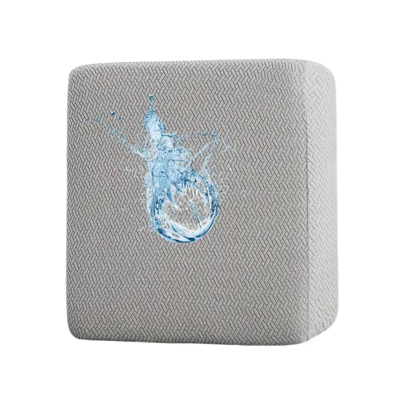 Outdoor sofa cushion cover in grey textured fabric with blue water splash design