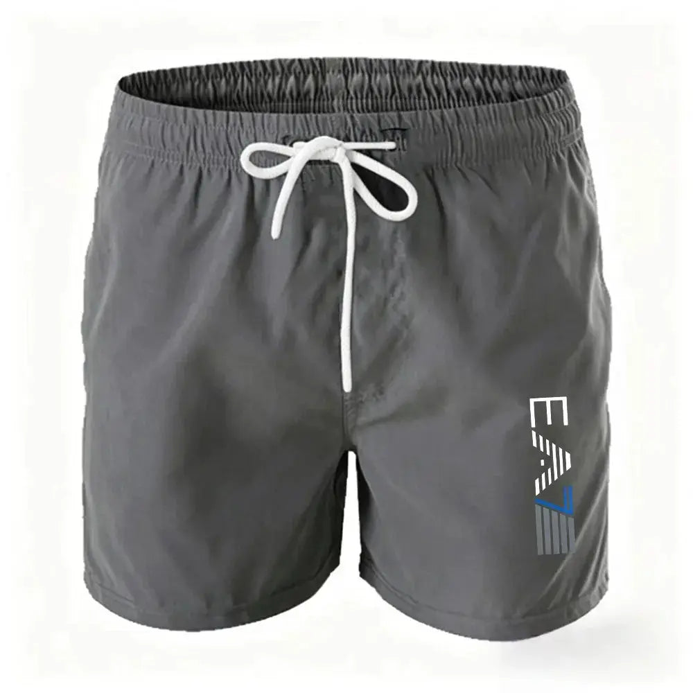 Men's gray swim trunks with white drawstring and elastic waist; Simples Market logo on leg.