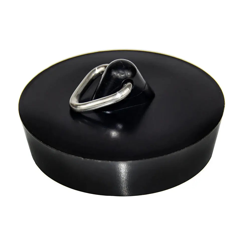 Rubber drain stopper with metal ring handle, black round sink plug.