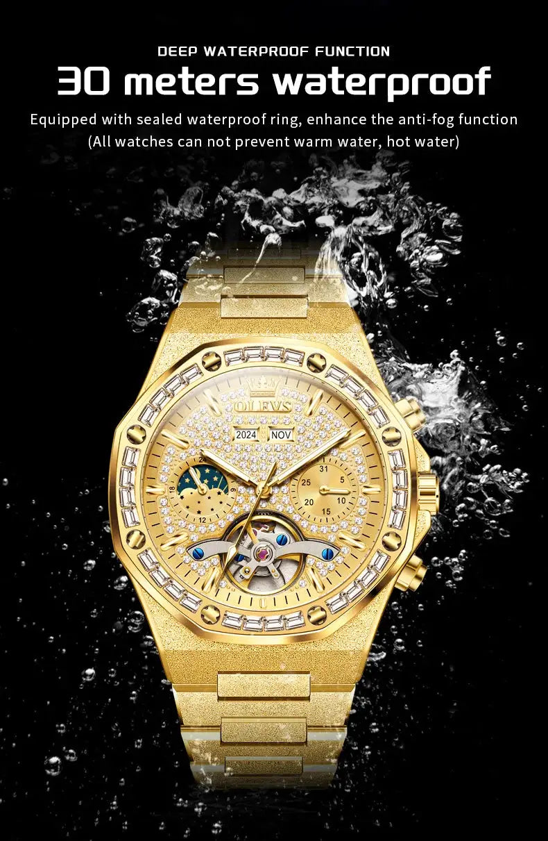 OLEVS gold-tone stainless steel men's watch with diamond-encrusted bezel, skeleton dial and visible movement, 30m water resistant.