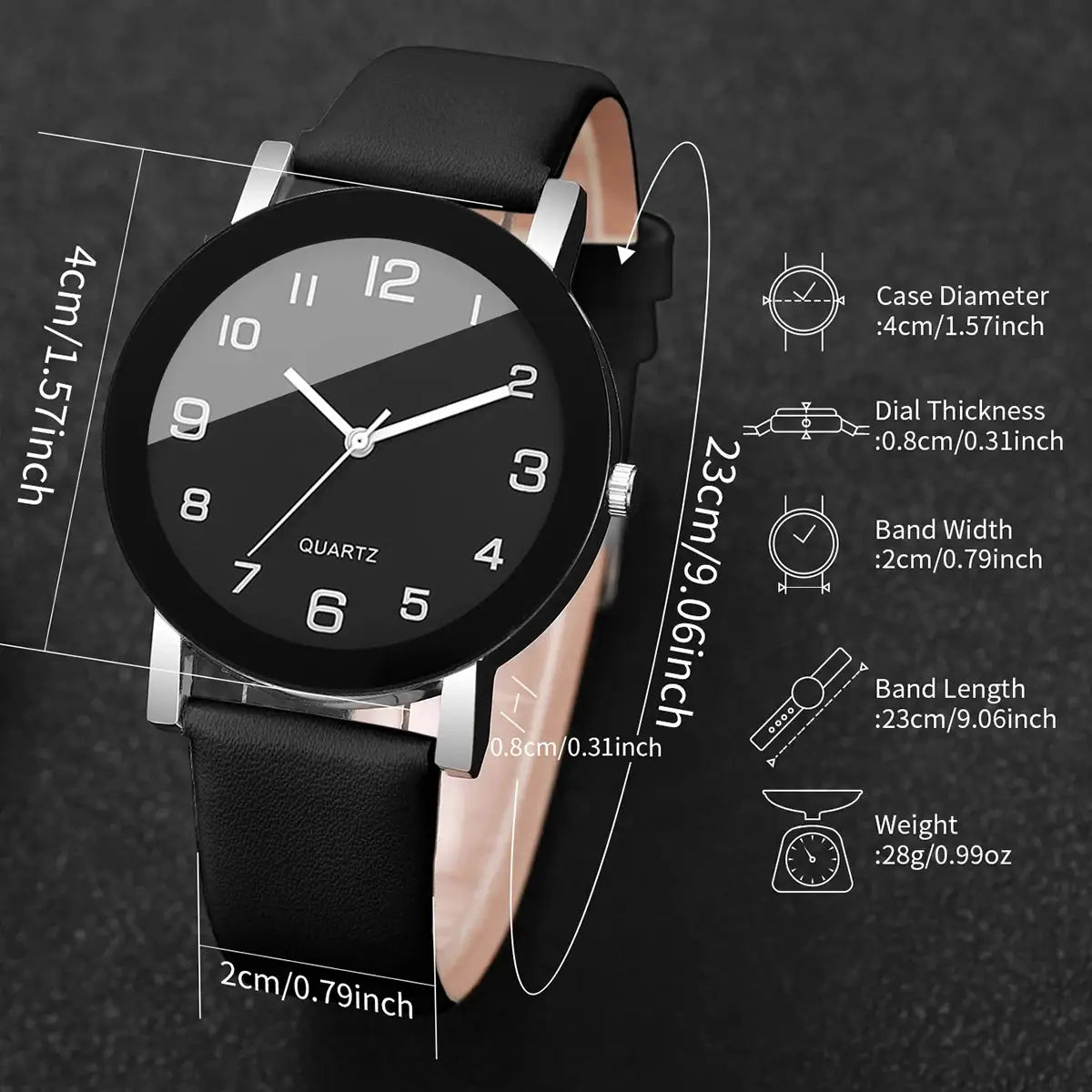 Wristwatch with black leather strap, silver case, black dial with white Arabic numerals; quartz movement