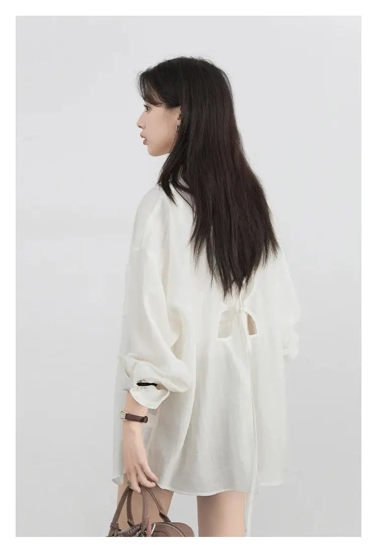 CHIC VEN women's white long-sleeve blouse with back cut-outs and tie closure