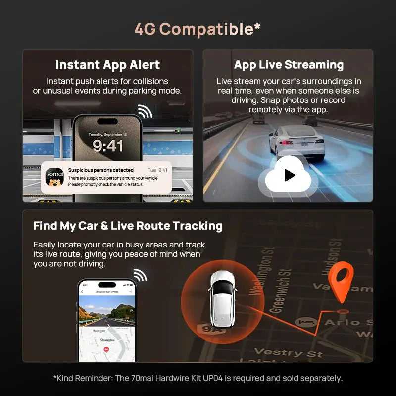 70mai Dash Cam 4K A810S HDR car camera with 4G LTE, Wi‑Fi 6 and GPS ADAS, by Simples Market