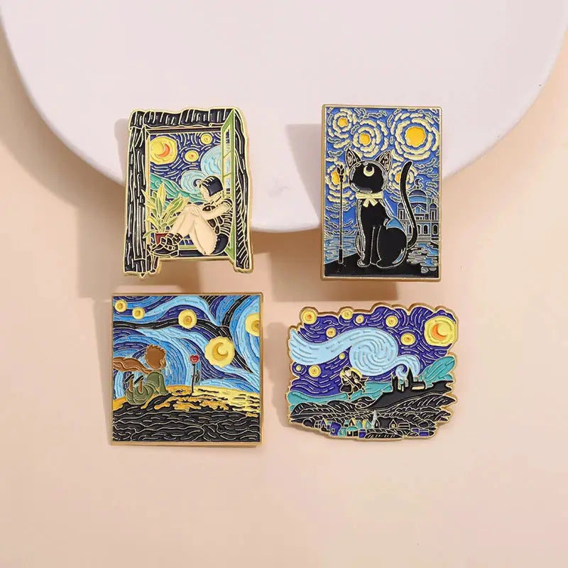 Enamel Pins Set Three To Five Pieces Tarot Cards Night Sky Black Cat Brooch Lapel Pin Punk Gothic Jewelry Gift