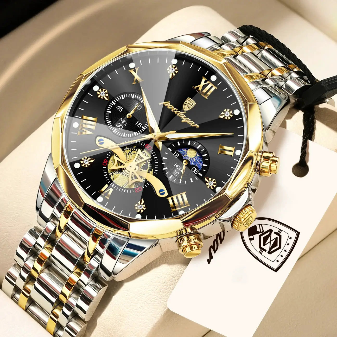 POEDAGAR Exquisite Business Mens Watch Waterproof Luminous Chronograph Luxury Stainless Steel Quartz Wristwatch
