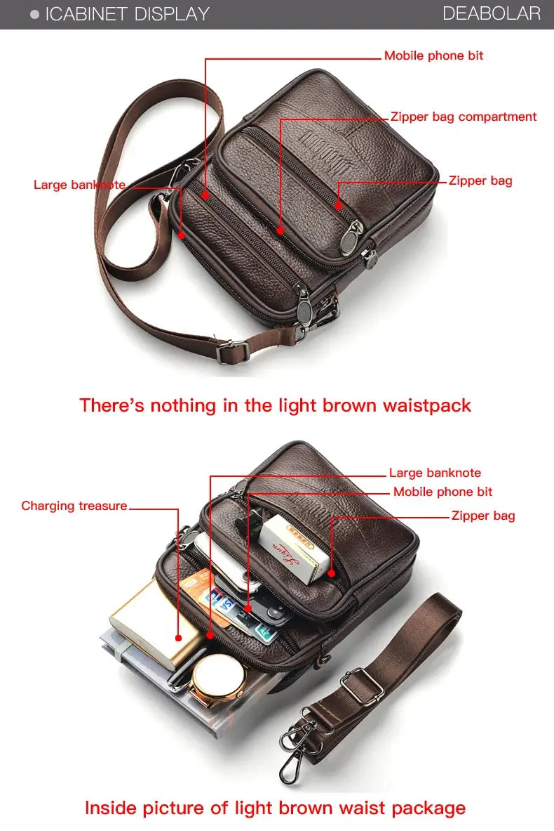 Simples Market men's genuine leather crossbody bag, brown with multiple zipper pockets
