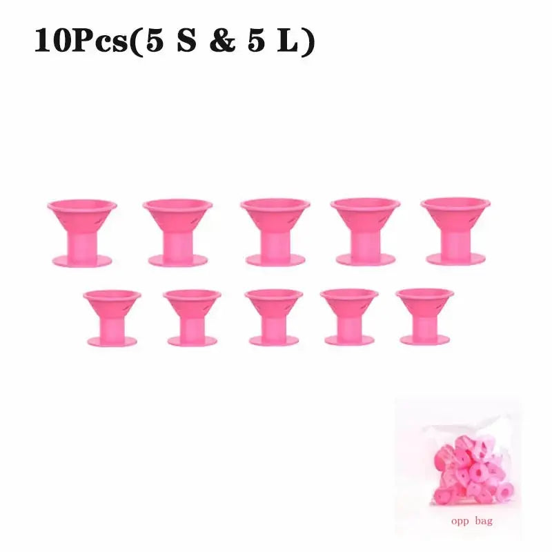 Simples Market pink silicone heatless hair curlers set, 10 pieces (5 small, 5 large) with storage bag