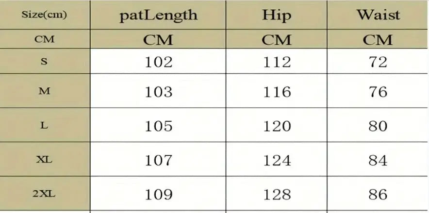 Sweatpants by Simples Market size chart showing pants length, hip and waist for sizes S-2XL