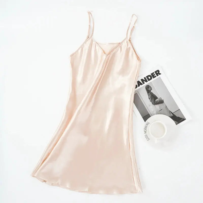 LuxeSilk Satin Nightgown Faux Silk Sleepwear Spaghetti Straps V Neck for Sleek Summer Comfort Women