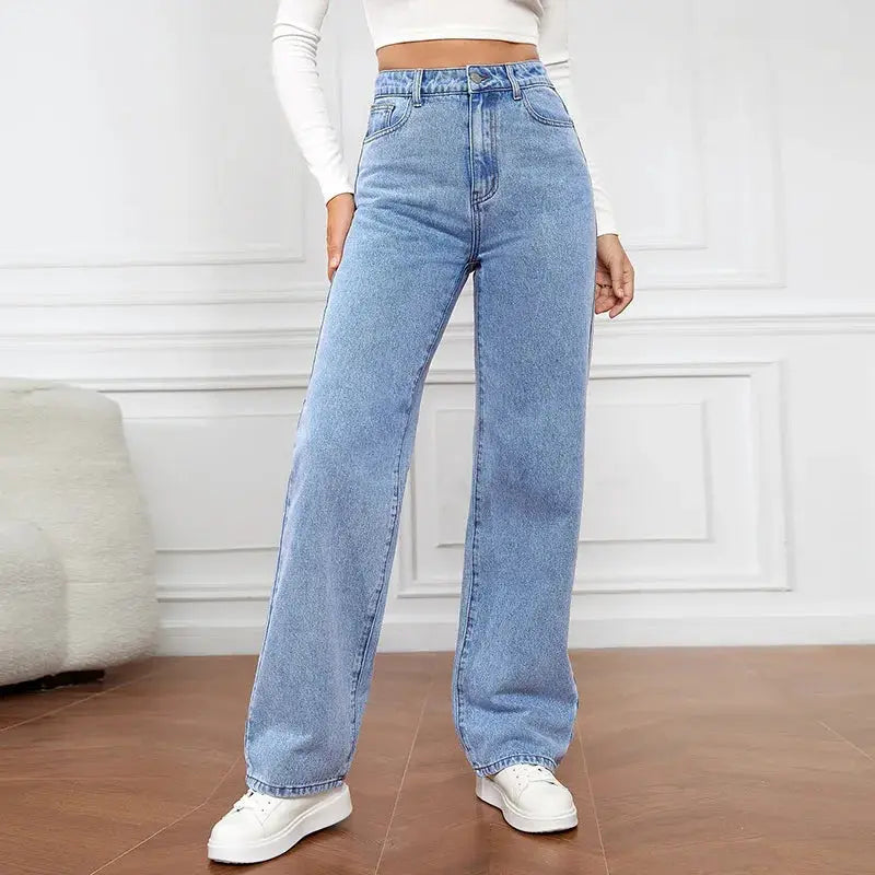 Retro Blue Jeans For Women Y2K High Waist Baggy Straight Leg Denim