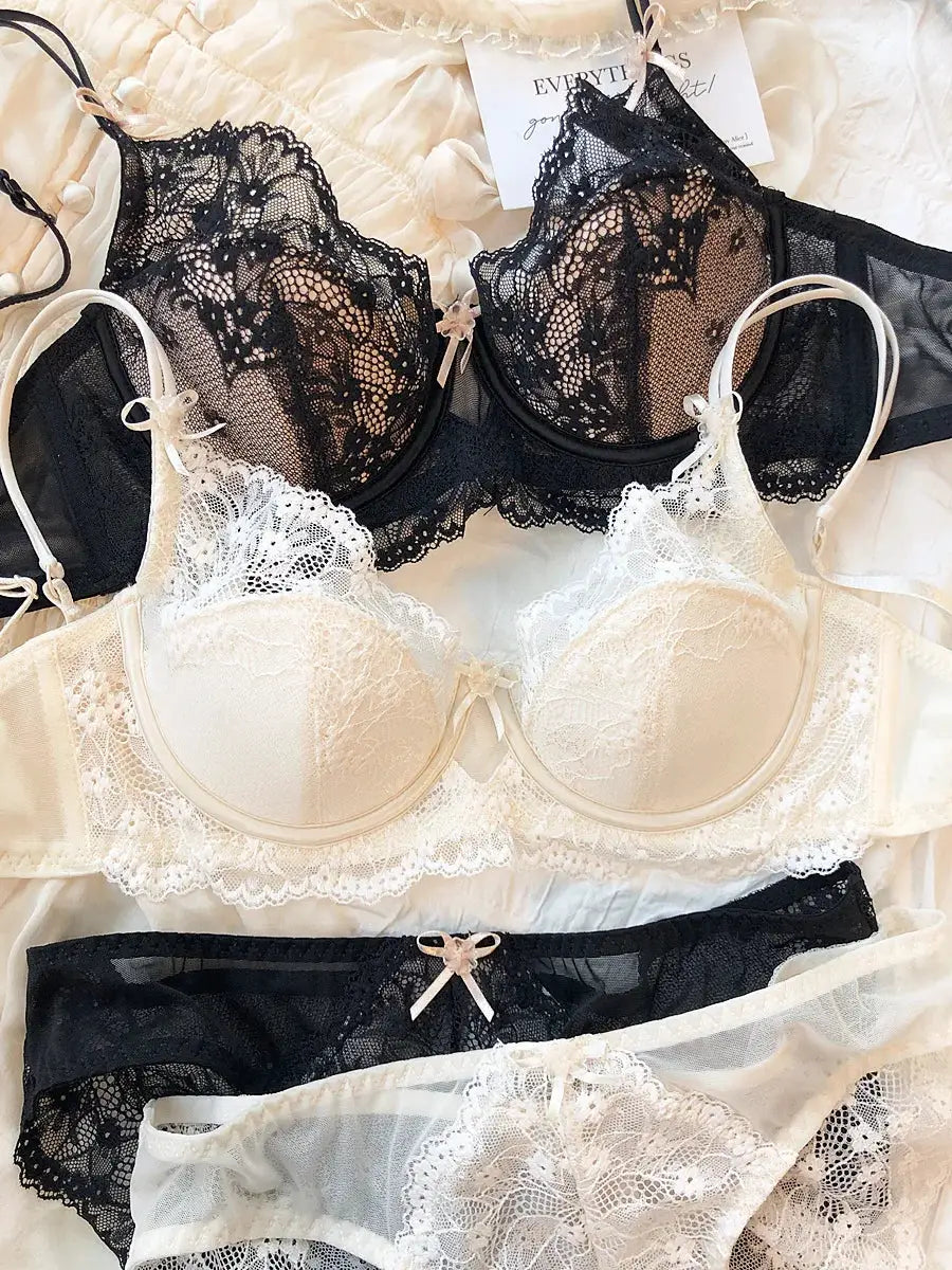 Lace Push Up Bra Lingerie Set With Bow Three Quarter Cup Bralette
