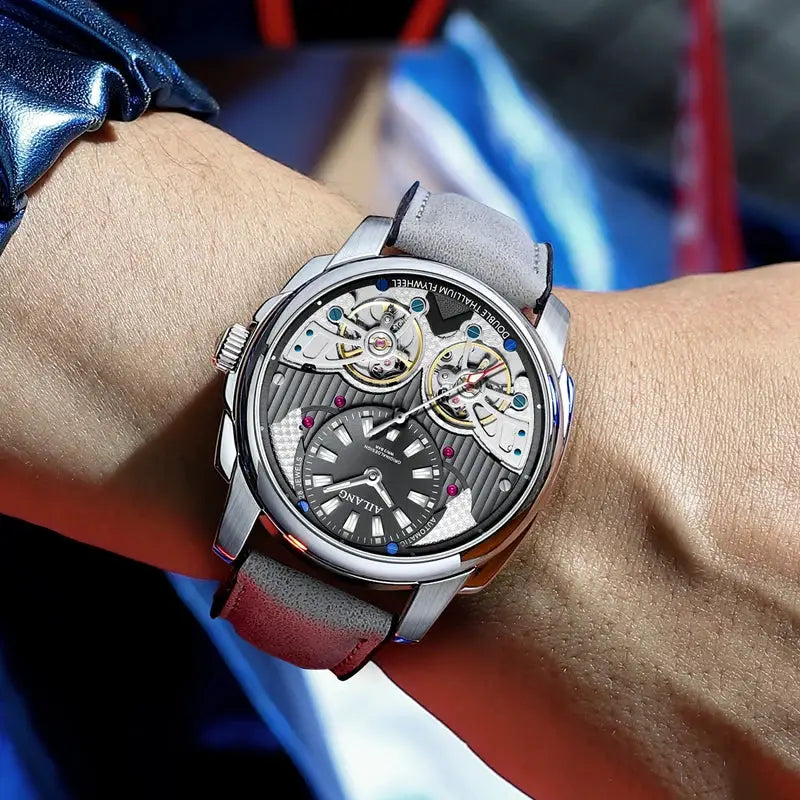 AILANG automatic mechanical waterproof sport military men's watch with double tourbillon and grey leather strap