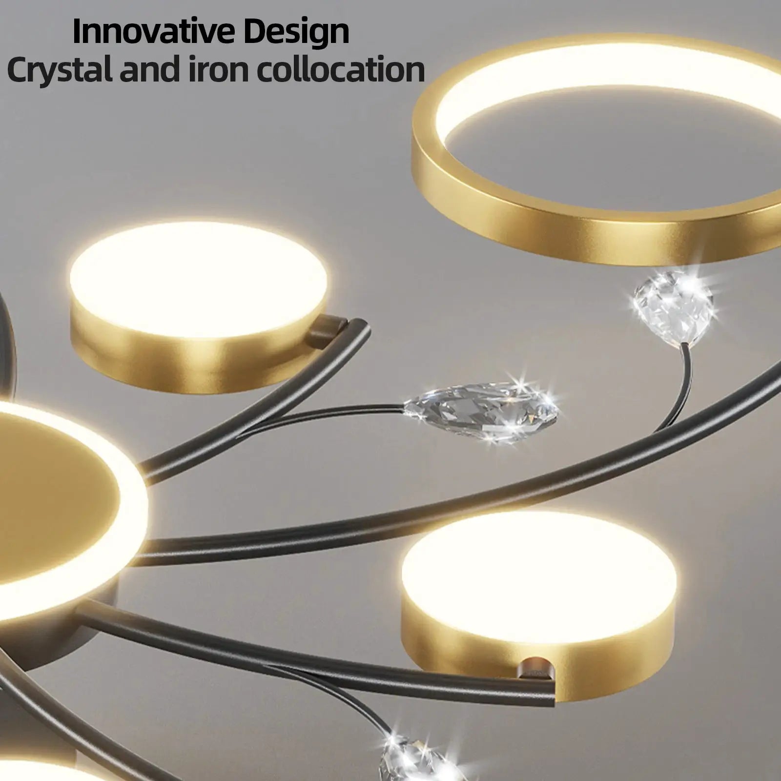 IRALAN modern ceiling chandelier by Simples Market; gold ring LED lights with crystal accents
